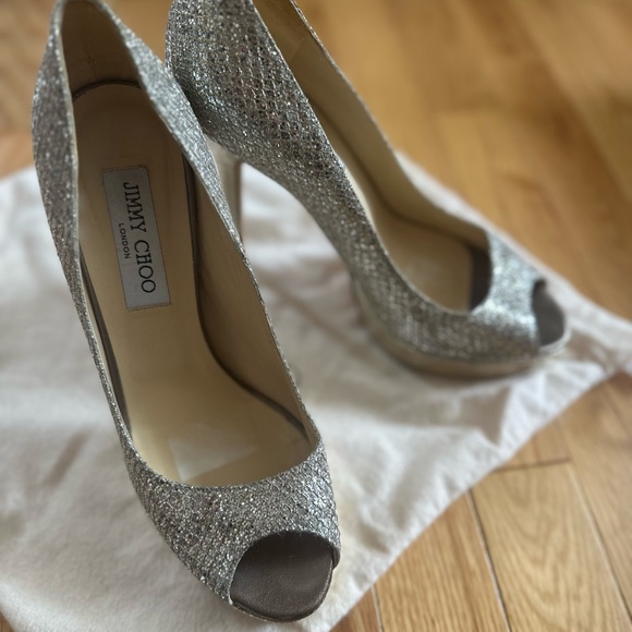JIMMY CHOO GLITTER PEEP TOE PUMPS SZ 8.5 - Picture 14 of 16